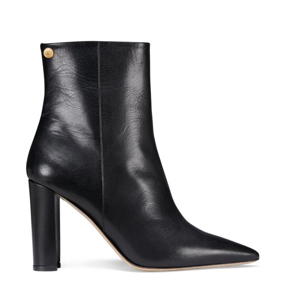 Tory Burch Penelope Point Tor Bootie Black Leather Gold Logo Size 9.5